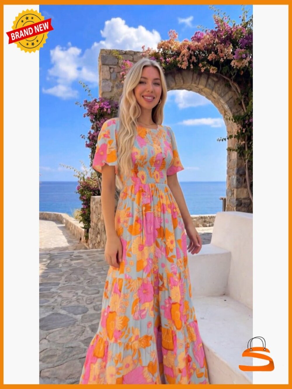 Boho Floral Maxi Dress - Short Flutter Sleeve Smocked Tiered Flowy - Picture 7 of 7